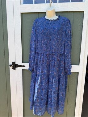 dip Blue Floral Long-Sleeve Smocked Bodice Dress